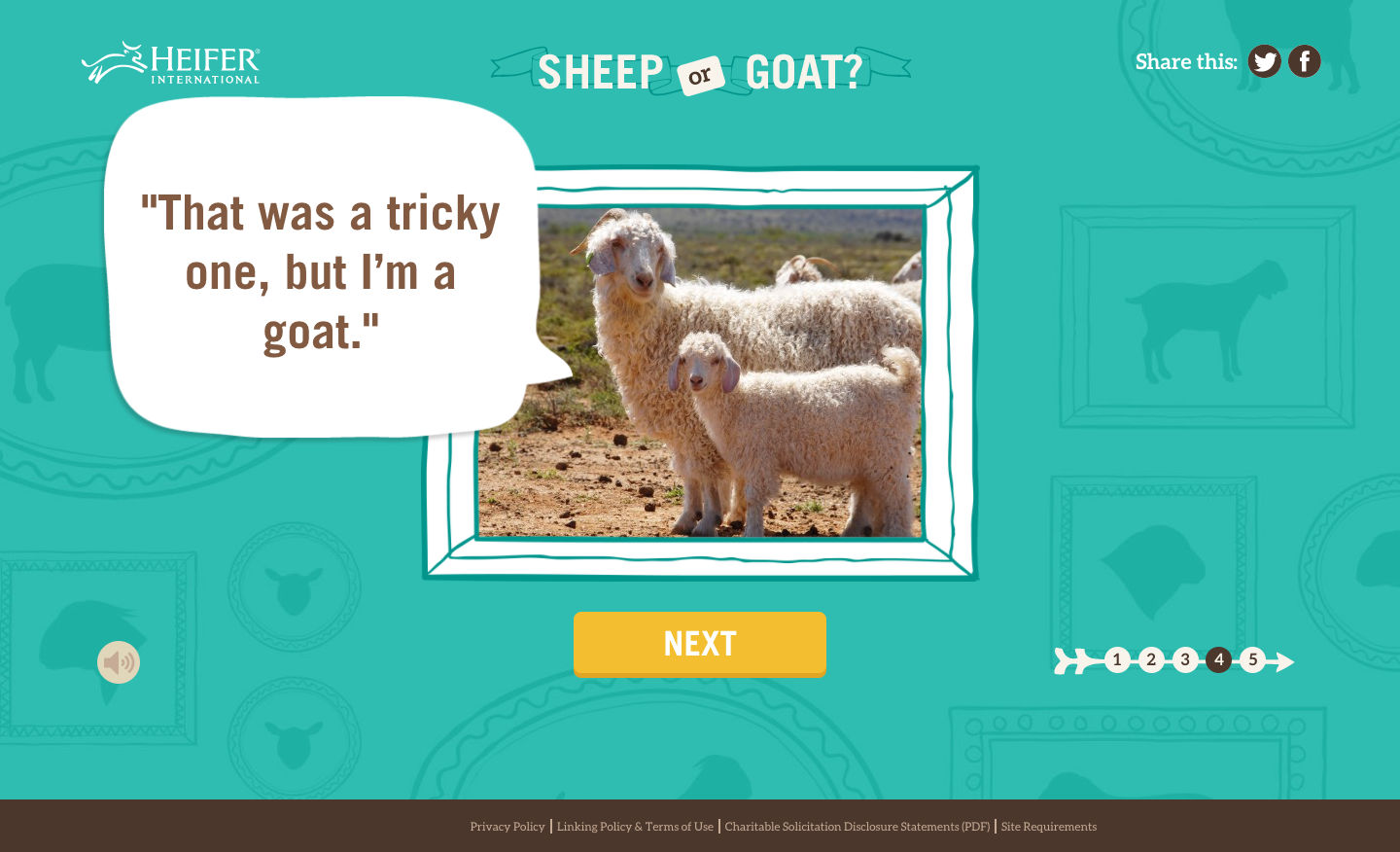 Screenshot of the Heifer Sheep or Goat quiz